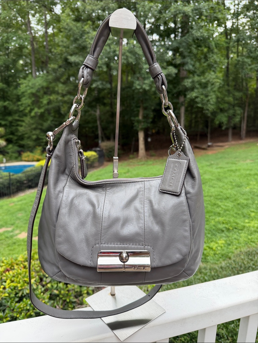 Coach Kristen Gray Leather Shoulder Bag with Polished Silver Turnlock XB Strap - Picture 5 of 17